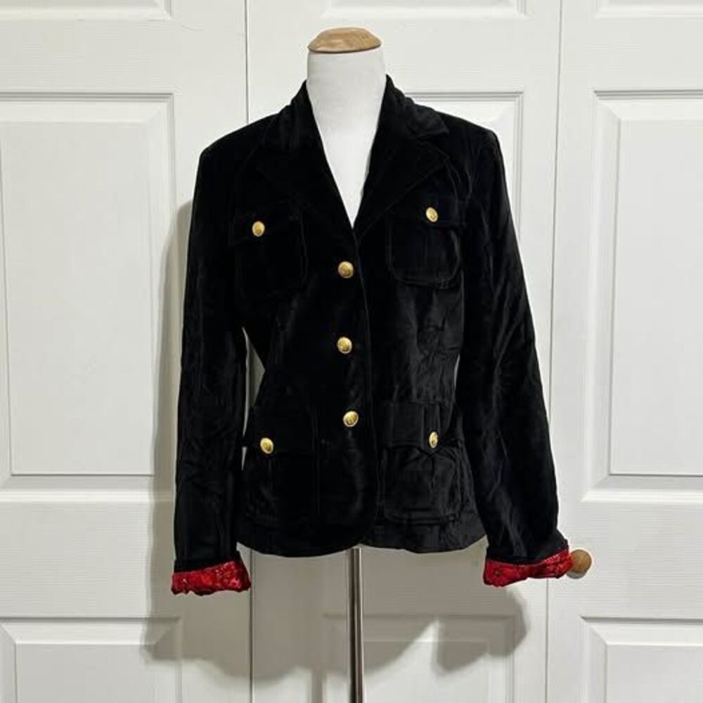 Lucky Brand Black Velvet Blazer with Gold Buttons and Floral Lining
